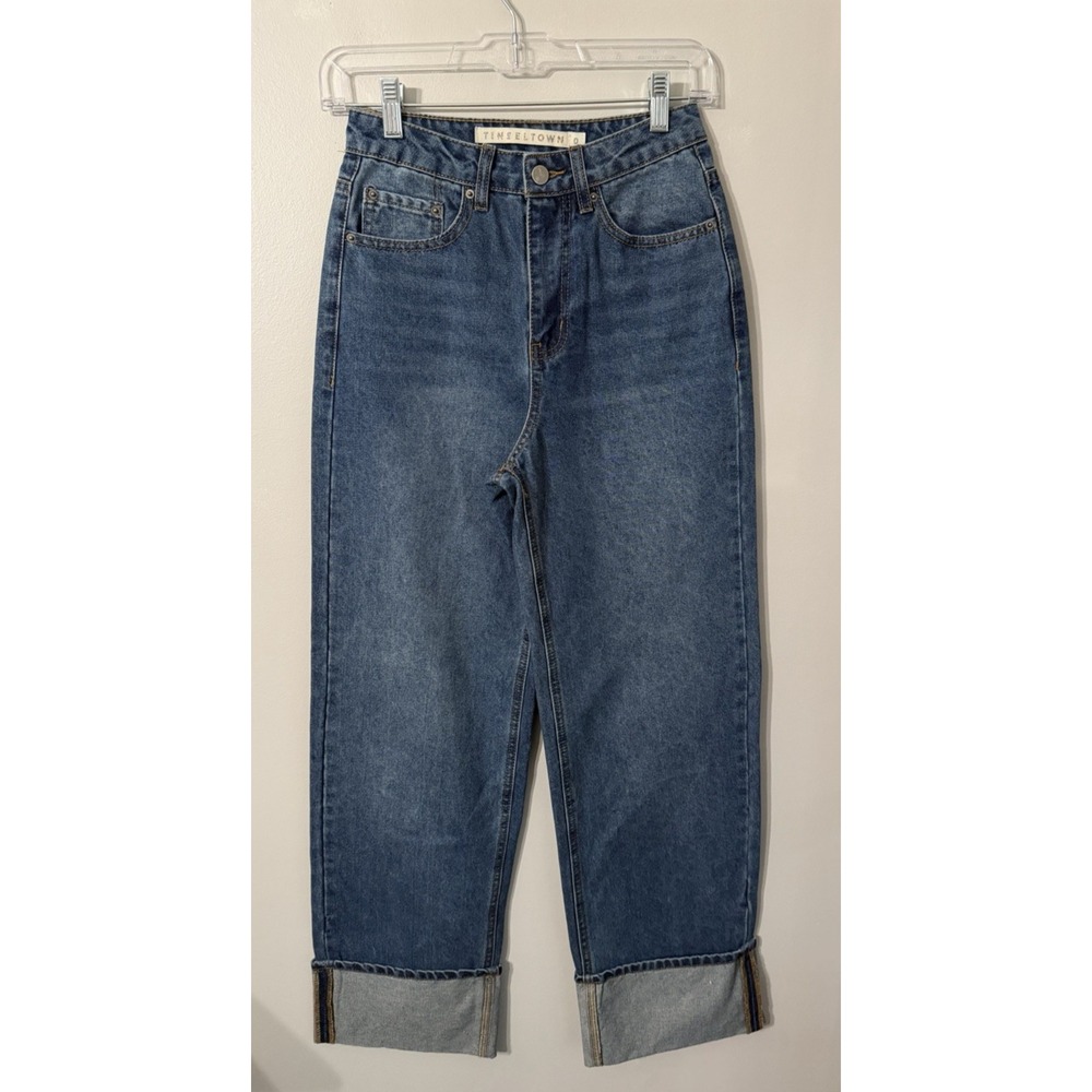 Tinseltown High Waist Wide Leg Cuffed Jeans High Rise Med Wash Womans Sz 0